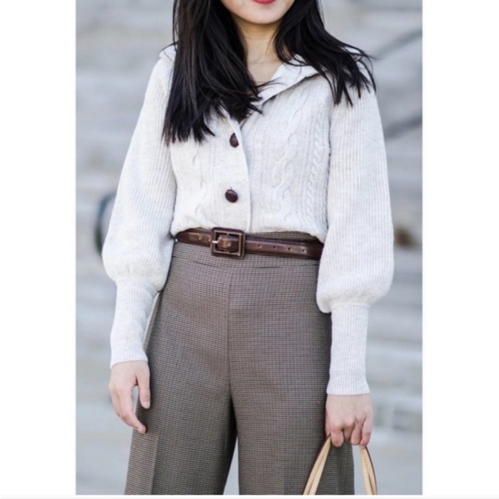 J.Crew Balloon Sleeve Cable Knit Cardigan Sweater Button Up Cream Ivory Small